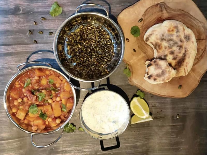 Masala Veggie Curry with Spiced Pumpkin Seeds and Mint Riata